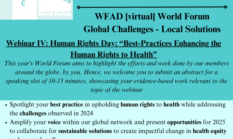 Call for Submissions by November 22nd – Webinar on Human Rights Day 2024 “Best Practices Enhancing the Human Rights to Health” Call for Submissions by November 22nd – Webinar on Human Rights Day 2024 “Best Practices Enhancing the Human Rights to Health”