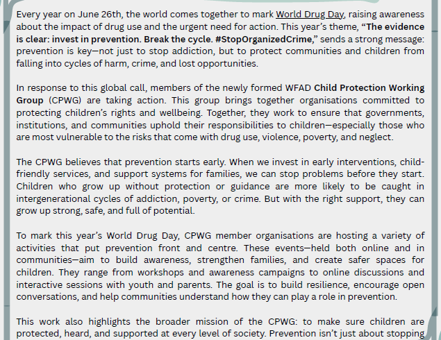 World Drug Day Activities by the WFAD Child Protection Working Group Members World Drug Day Activities by the WFAD Child Protection Working Group Members
